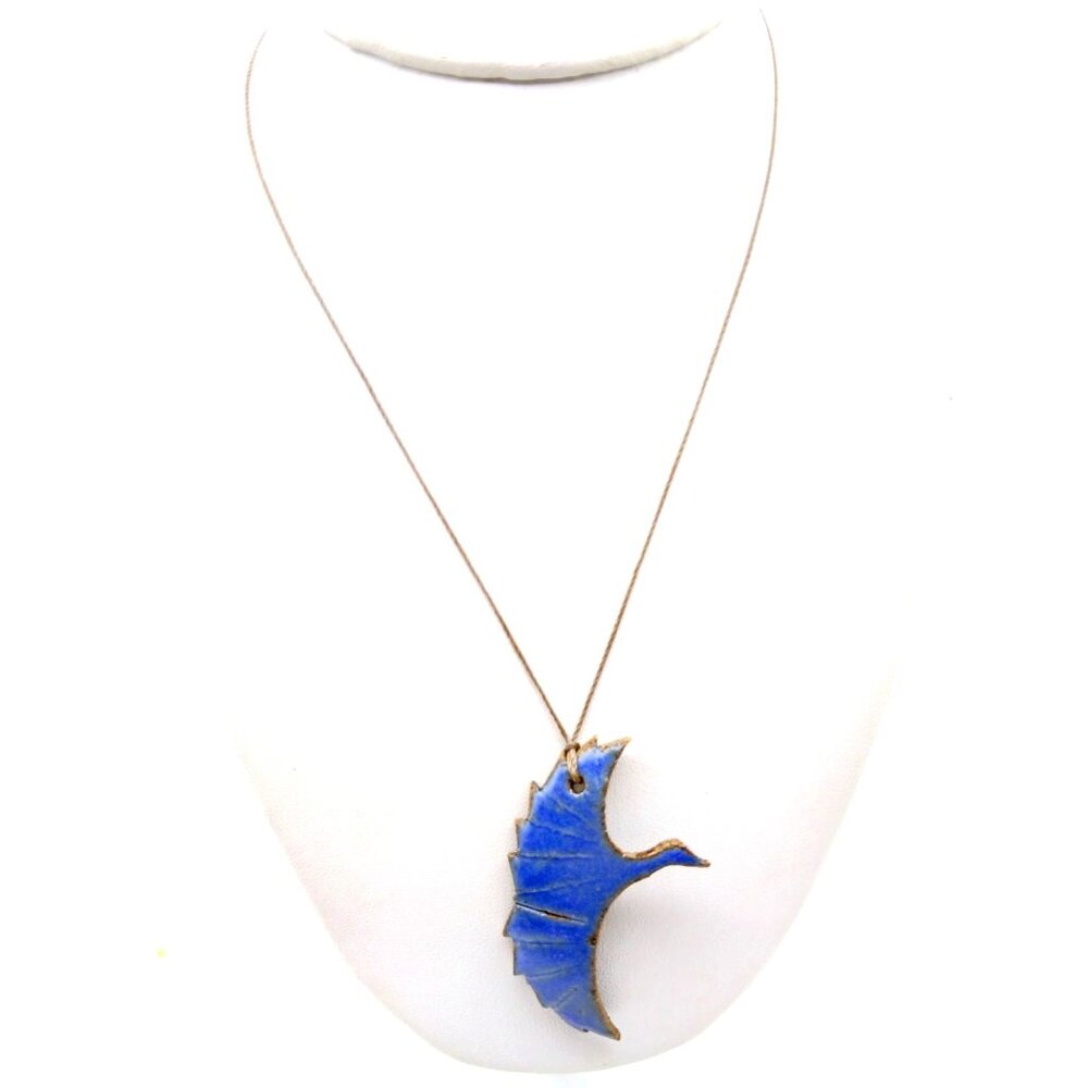 Hand Painted Bird Pendant Necklace, Vintage Bluebird in Flight Glazed Pottery